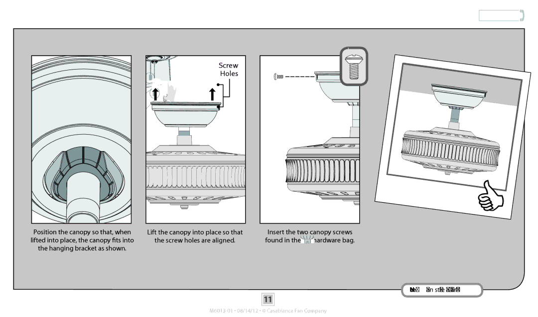 Casablanca Fan Company 54023, 54024, 54025 operation manual Canopy, Insert the two canopy screws Found Hardware bag 