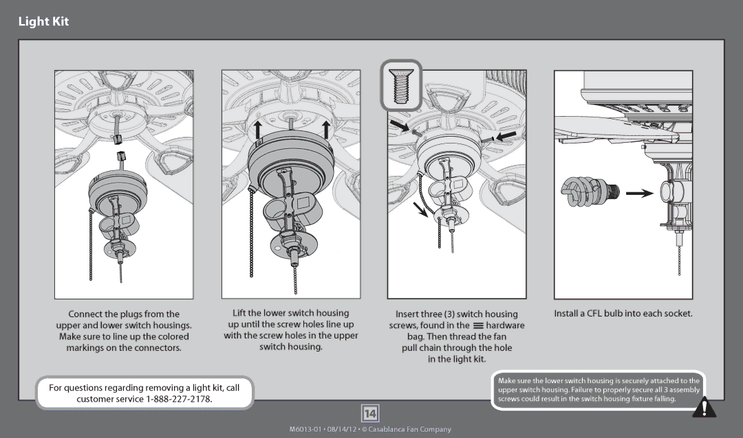 Casablanca Fan Company 54023, 54024, 54025 operation manual Light Kit, With the screw holes in the upper 