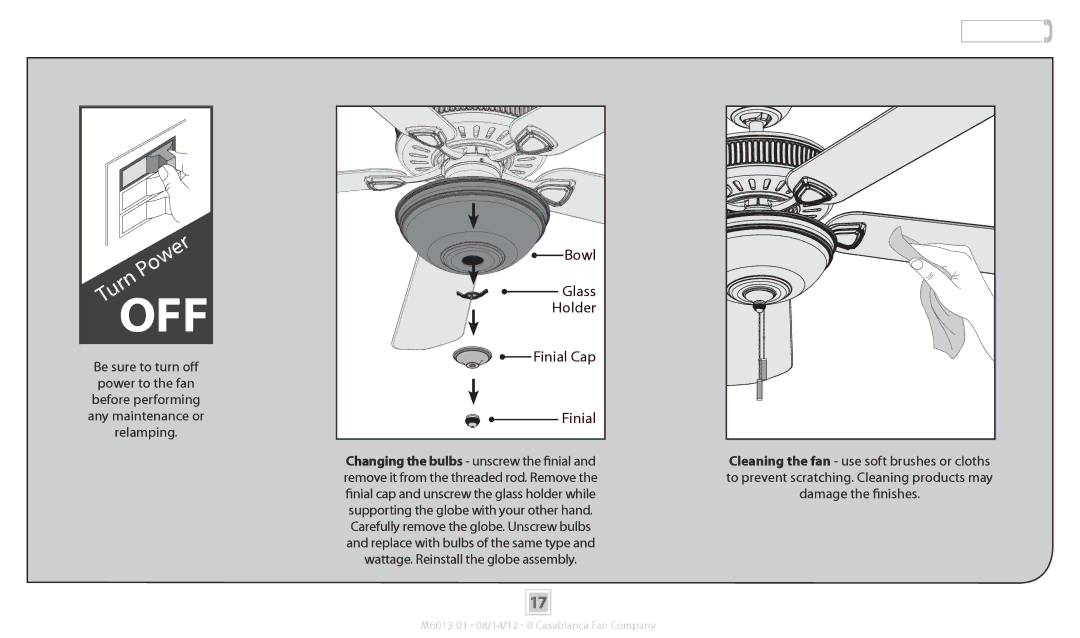 Casablanca Fan Company 54023, 54024, 54025 operation manual Maintenance & Cleaning, Wattage. Reinstall the globe assembly 