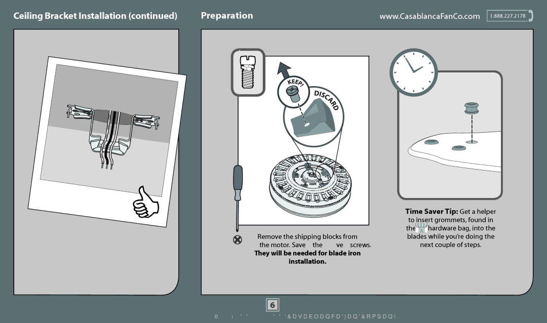 Casablanca Fan Company 54024, 54025, 54023 Ceiling Bracket Installation Preparation, Remove the shipping blocks from 