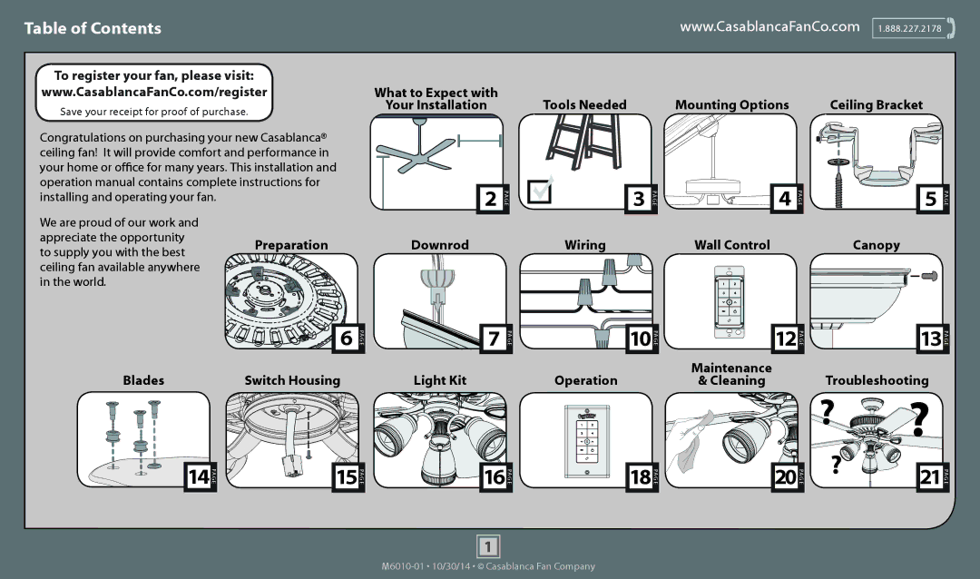 Casablanca Fan Company 54031, 54032, 54033 operation manual Table of Contents 