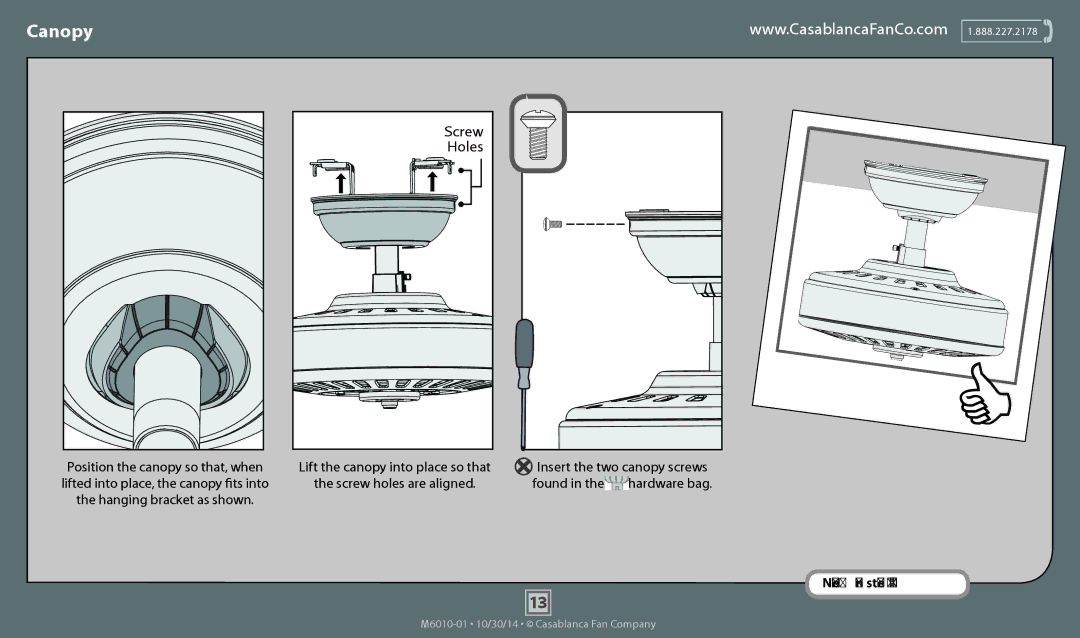 Casablanca Fan Company 54031, 54032, 54033 operation manual Canopy, Holes 