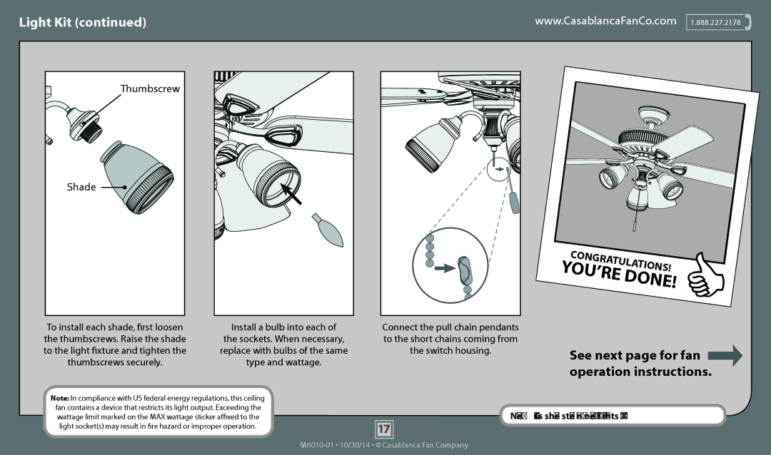 Casablanca Fan Company 54033, 54032, 54031 operation manual Shade 