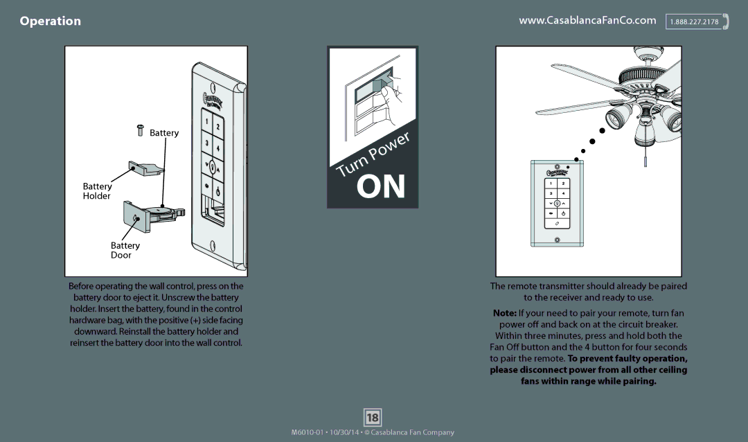 Casablanca Fan Company 54032, 54031, 54033 operation manual Operation, Battery Holder Door 