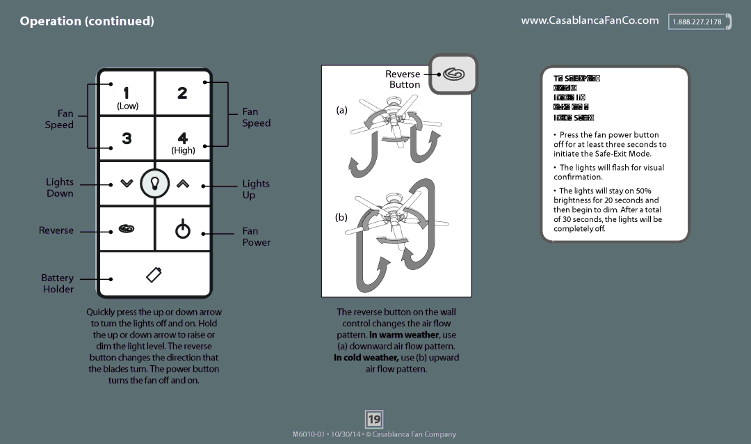 Casablanca Fan Company 54031, 54032, 54033 operation manual Fan, Speed, Lights Down, Battery Holder, Reverse Button 
