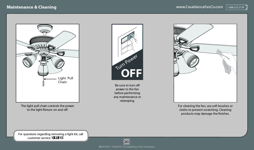 Casablanca Fan Company 54033, 54032, 54031 operation manual Maintenance & Cleaning, Light Pull, Chain 