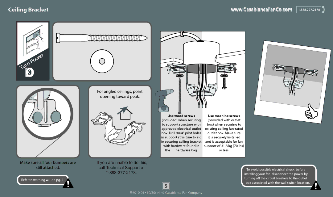 Casablanca Fan Company 54033, 54032, 54031 operation manual Ceiling Bracket, For angled ceilings, point Opening toward peak 