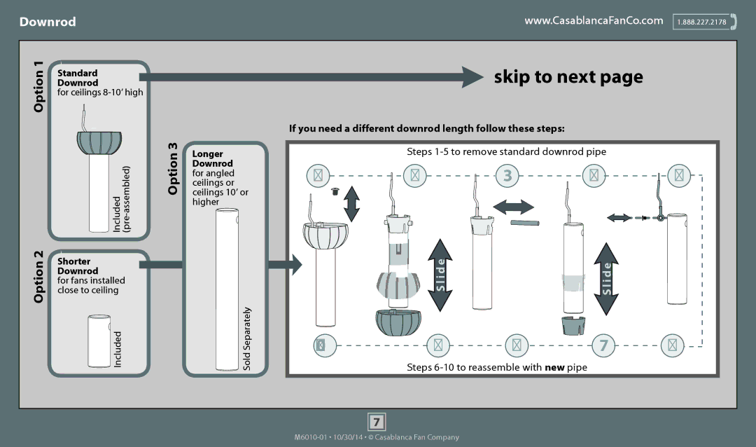 Casablanca Fan Company 54031 Downrod, Steps 1-5 to remove standard downrod pipe, Steps 6-10 to reassemble with new pipe 