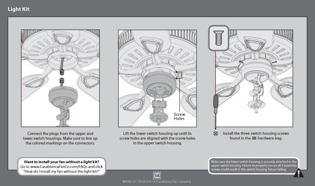 Casablanca Fan Company 54081, 54080 operation manual Light Kit, Found Hardware bag, Upper switch housing 
