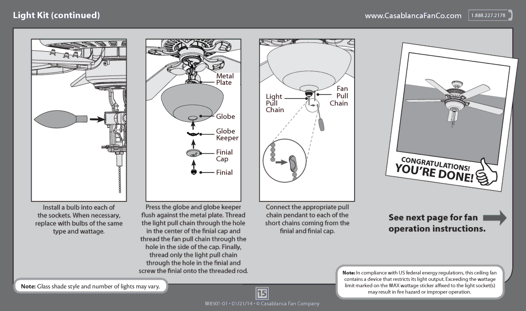 Casablanca Fan Company 54080, 54081 operation manual Keeper, Chain, Screw the finial onto the threaded rod 