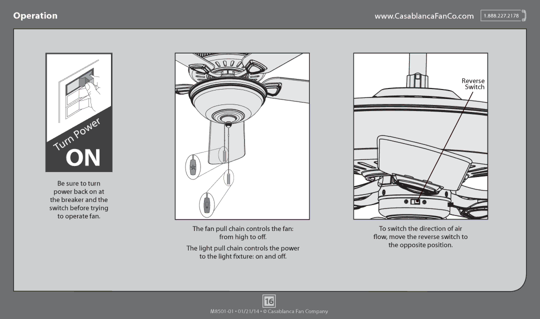 Casablanca Fan Company 54081, 54080 operation manual Operation, Reverse, Switch 