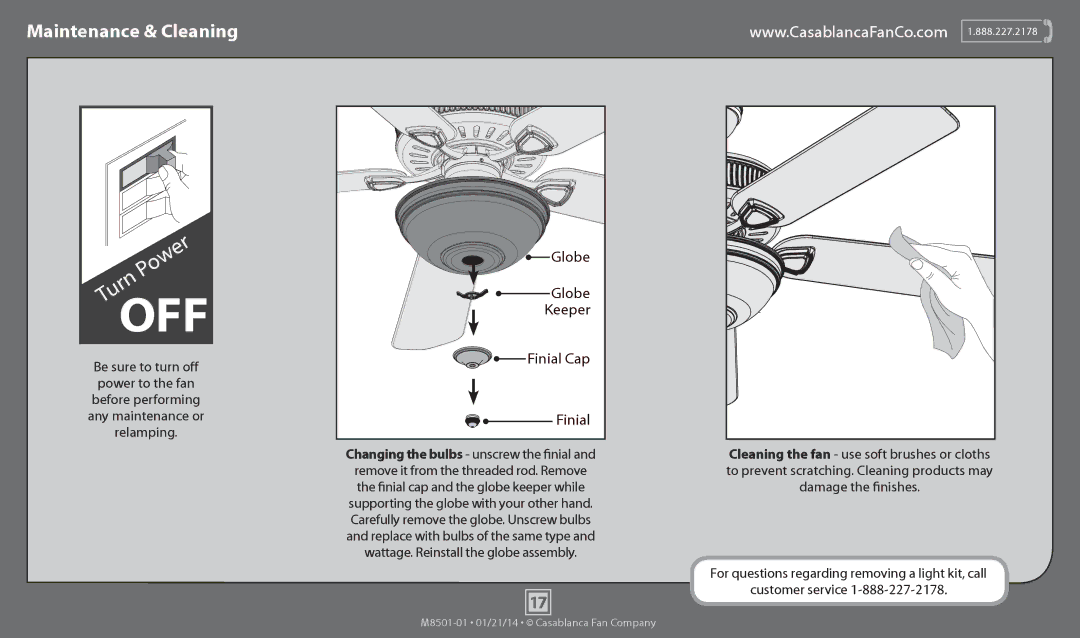 Casablanca Fan Company 54080, 54081 operation manual Maintenance & Cleaning, Finial Cap 