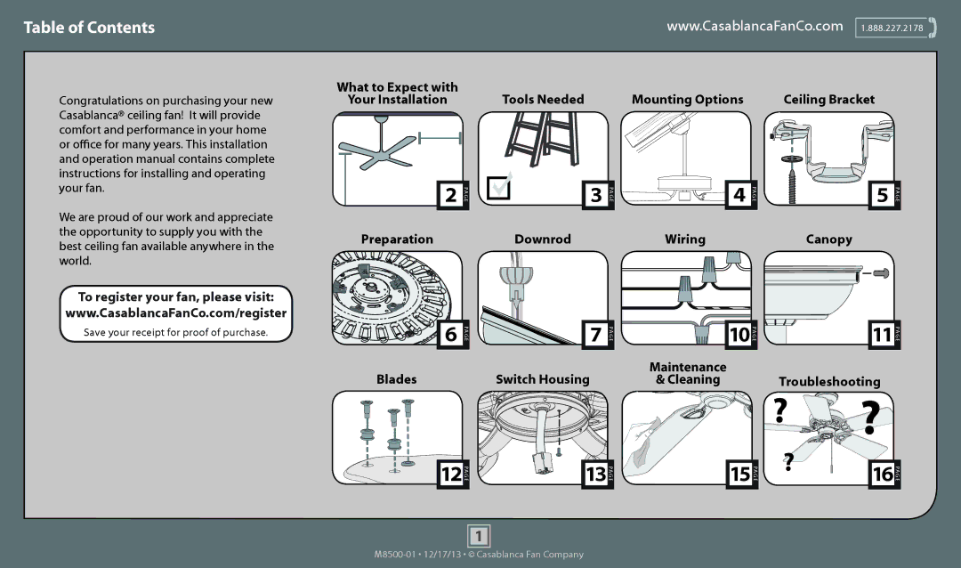 Casablanca Fan Company 54083, 54085, 54084 operation manual Table of Contents 