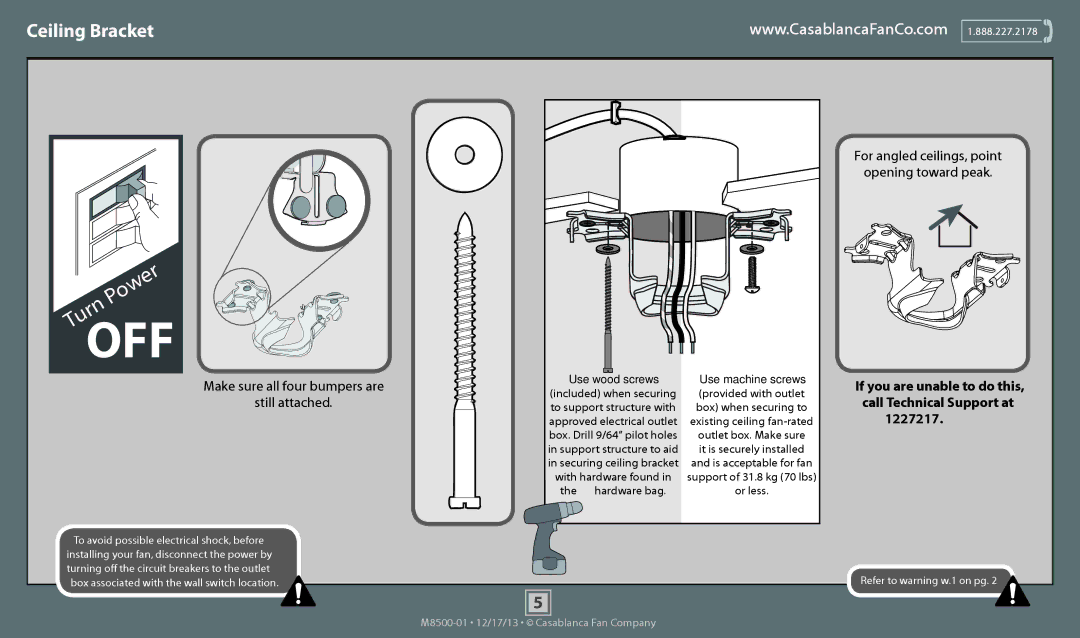 Casablanca Fan Company 54084, 54085, 54083 operation manual Ceiling Bracket, Make sure all four bumpers are Still attached 