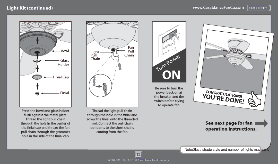 Casablanca Fan Company 54102, 54101 operation manual Bowl, Glass, Holder, Finial, Fan, Light Pull, Chain 