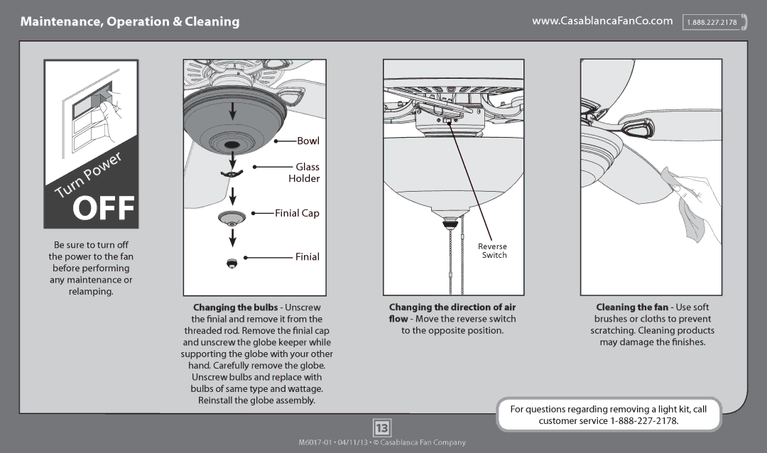 Casablanca Fan Company 54101 Maintenance, Operation & Cleaning, Changing the direction of airCleaning the fan Use soft 