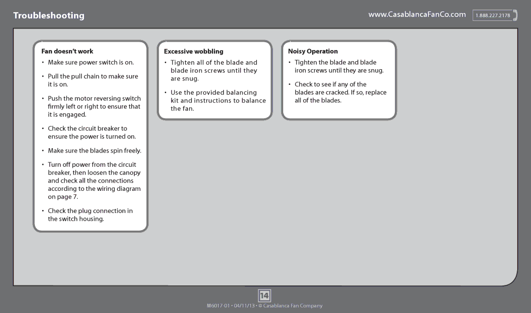 Casablanca Fan Company 54102, 54101 operation manual Troubleshooting, Fan doesn’t work, Excessive wobbling, Noisy Operation 