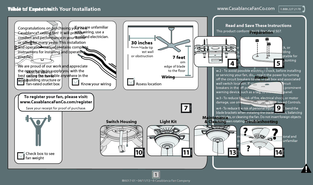 Casablanca Fan Company 54102, 54101 What to Expect with Your Installation, Assess location, Check box to see fan weight 