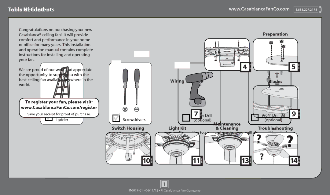 Casablanca Fan Company 54101, 54102 operation manual Tools Needed, Ladder Screwdrivers Power Drill Optional Drill Bit 