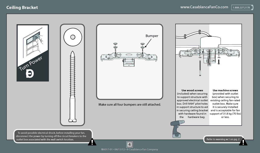 Casablanca Fan Company 54102, 54101 operation manual Ceiling Bracket, Bumper, Make sure all four bumpers are still attached 