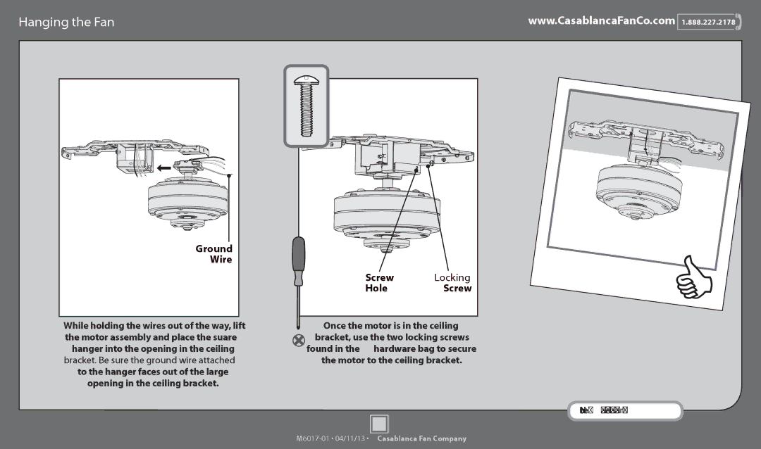 Casablanca Fan Company 54102, 54101 operation manual Hanging the Fan, Ground, Wire, Screw Locking Hole 