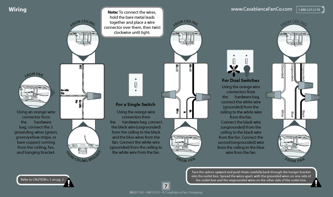 Casablanca Fan Company 54101, 54102 operation manual Wiring, For a Single Switch, For Dual Switches 