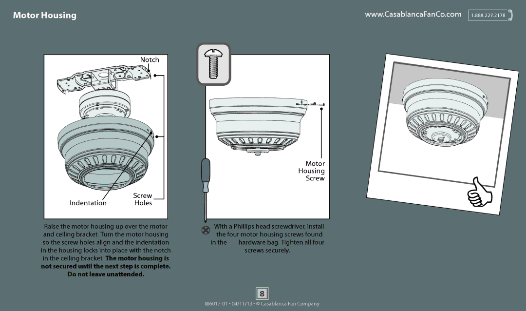 Casablanca Fan Company 54102, 54101 operation manual Notch, Indentation, Holes, Motor Housing Screw 