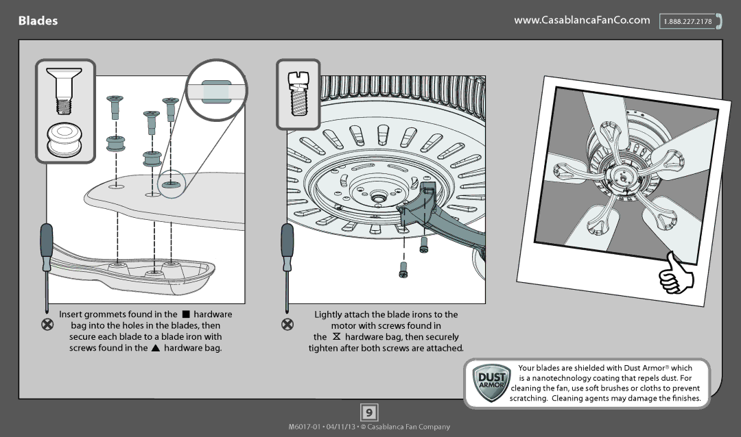 Casablanca Fan Company 54101, 54102 operation manual Blades, Tighten after both screws are attached 