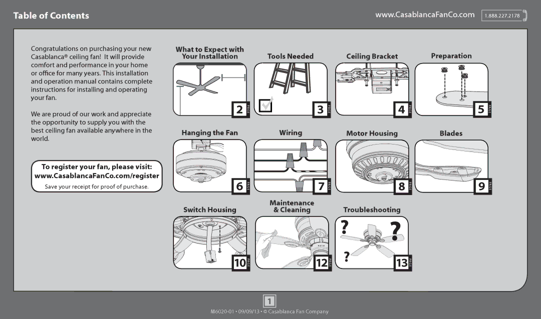 Casablanca Fan Company 54103 operation manual Table of Contents 