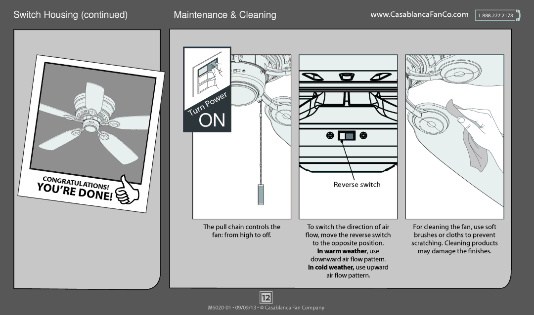 Casablanca Fan Company 54103 Reverse switch, Pull chain controls To switch the direction of air, Downward air flow pattern 