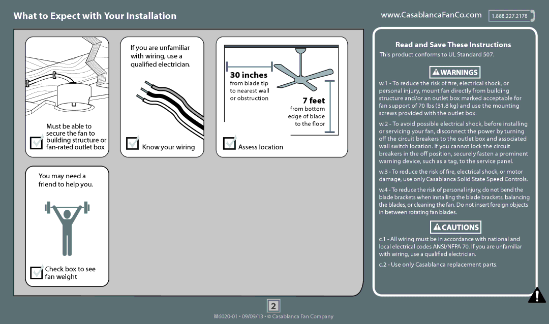 Casablanca Fan Company 54103 What to Expect with Your Installation, Assess location, Check box to see fan weight 