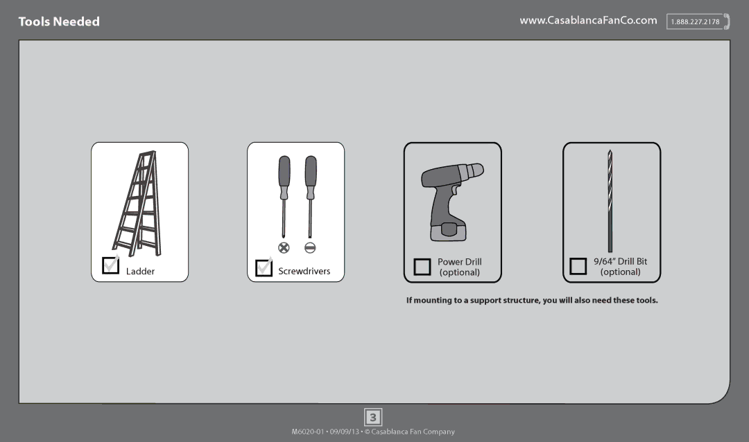 Casablanca Fan Company 54103 operation manual Tools Needed, Ladder Screwdrivers Power Drill Optional Drill Bit 