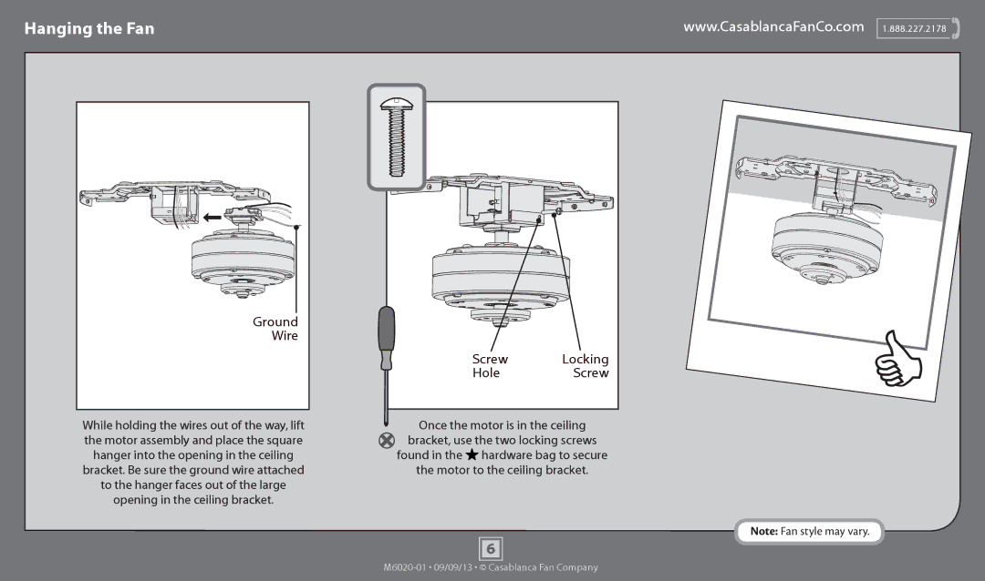 Casablanca Fan Company 54103 operation manual Hanging the Fan, Ground, Wire, Screw Locking Hole 