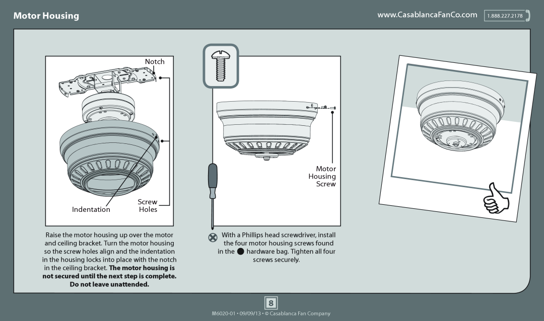 Casablanca Fan Company 54103 operation manual Notch, Indentation, Holes, Motor Housing Screw, Do not leave unattended 