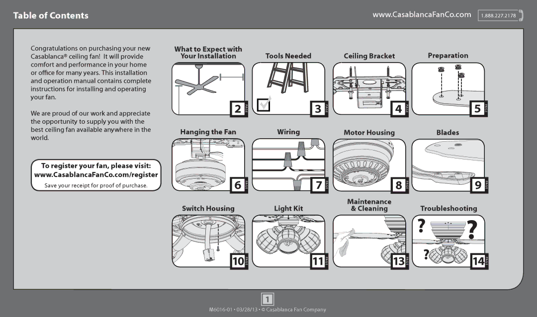 Casablanca Fan Company 54106, 54105 operation manual Table of Contents 