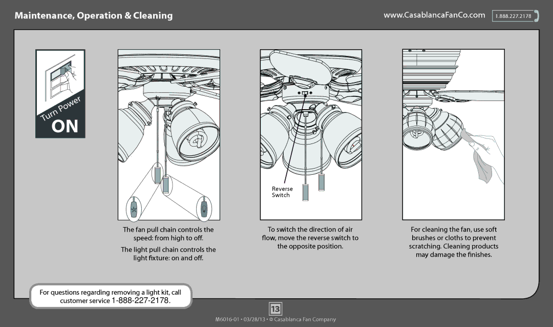 Casablanca Fan Company 54106, 54105 operation manual Maintenance, Operation & Cleaning 