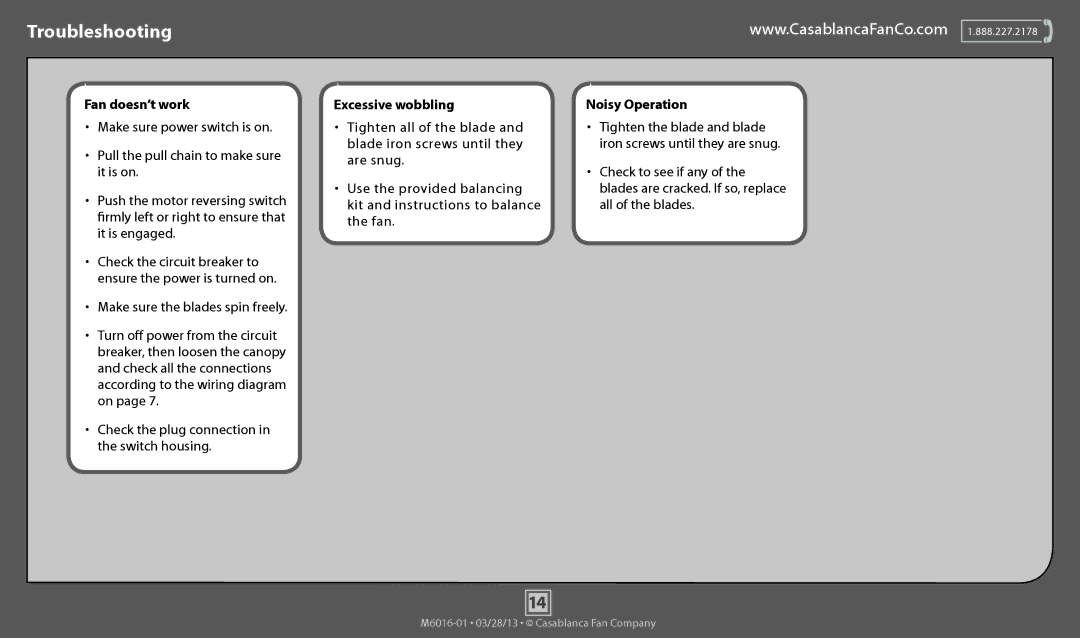 Casablanca Fan Company 54105, 54106 operation manual Troubleshooting, Fan doesn’t work, Excessive wobbling, Noisy Operation 