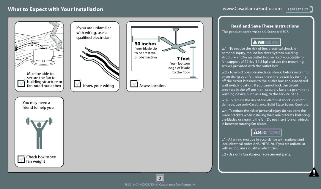 Casablanca Fan Company 54105, 54106 What to Expect with Your Installation, Assess location, Check box to see fan weight 