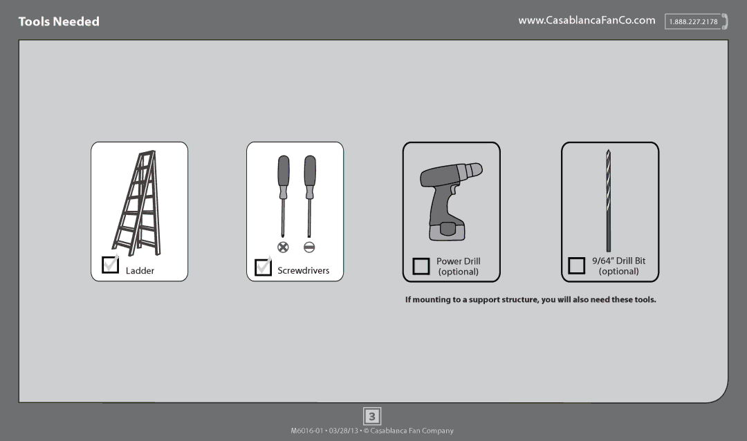 Casablanca Fan Company 54106, 54105 operation manual Tools Needed, Ladder Screwdrivers Power Drill Optional Drill Bit 