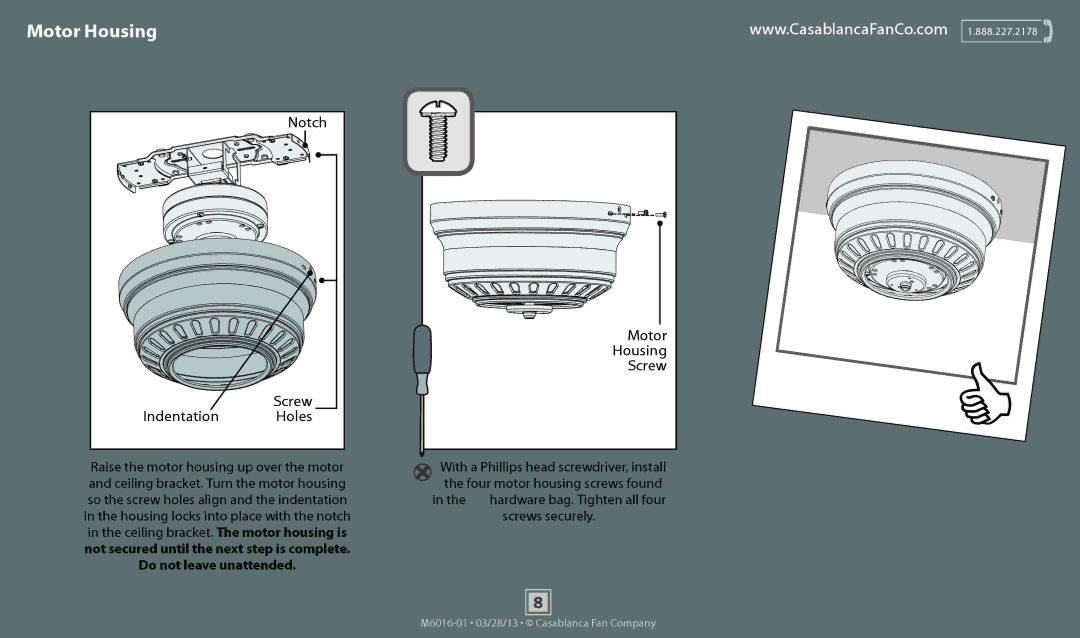 Casablanca Fan Company 54105, 54106 operation manual Notch, Indentation, Holes, Motor Housing Screw 