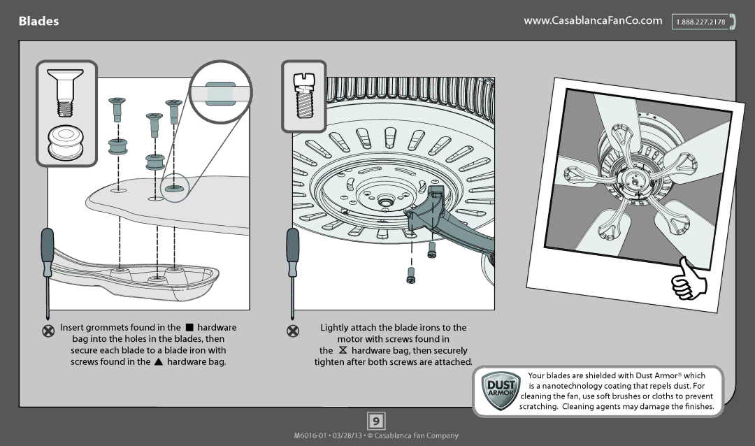 Casablanca Fan Company 54106, 54105 operation manual Blades, Tighten after both screws are attached 