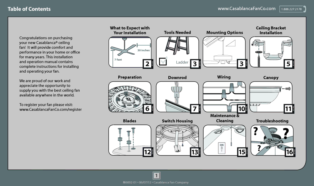 Casablanca Fan Company 54022, 55000, 54019, 54028, 55001, 54021, 54029, 54030, 55002, 54020 operation manual Table of Contents 