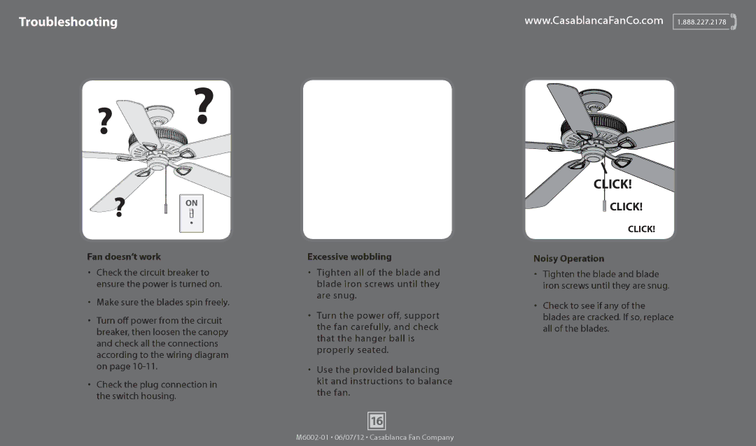 Casablanca Fan Company 54029, 55000, 54022, 54019, 54028, 55001, 54021, 54030, 55002, 54020 Troubleshooting, Fan doesn’t work 