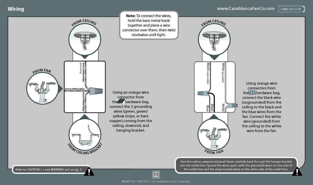 Casablanca Fan Company 55012, 55010, 55011 operation manual Wiring, Using an orange wire Connector from Hardware bag 