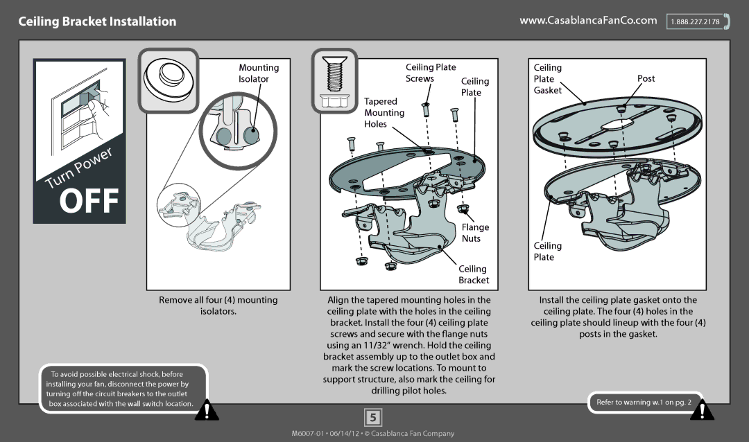 Casablanca Fan Company 55012, 55010 Ceiling Bracket Installation, Mounting Isolator, Remove all four 4 mounting Isolators 