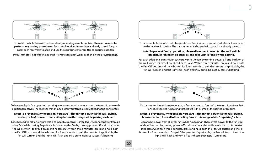 Casablanca Fan Company 55019, 59098 operation manual Unpairing Procedure for Faulty Operation of Remote Controls 