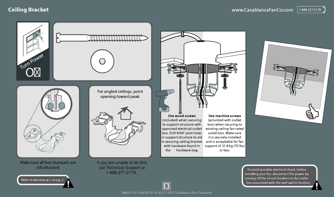 Casablanca Fan Company 59098, 55019 operation manual Ceiling Bracket, For angled ceilings, point Opening toward peak 