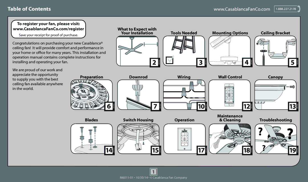 Casablanca Fan Company 59095, 55020, 59096, 59097 operation manual Table of Contents 