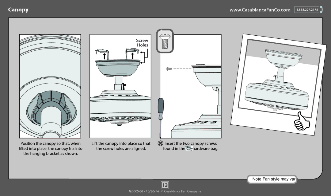 Casablanca Fan Company 55031, 55027 operation manual Canopy, Holes 