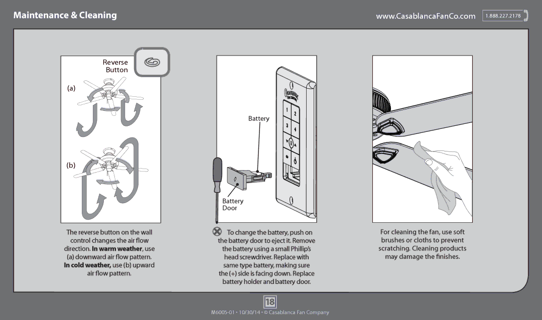 Casablanca Fan Company 55027, 55031 operation manual Maintenance & Cleaning, Reverse Button 